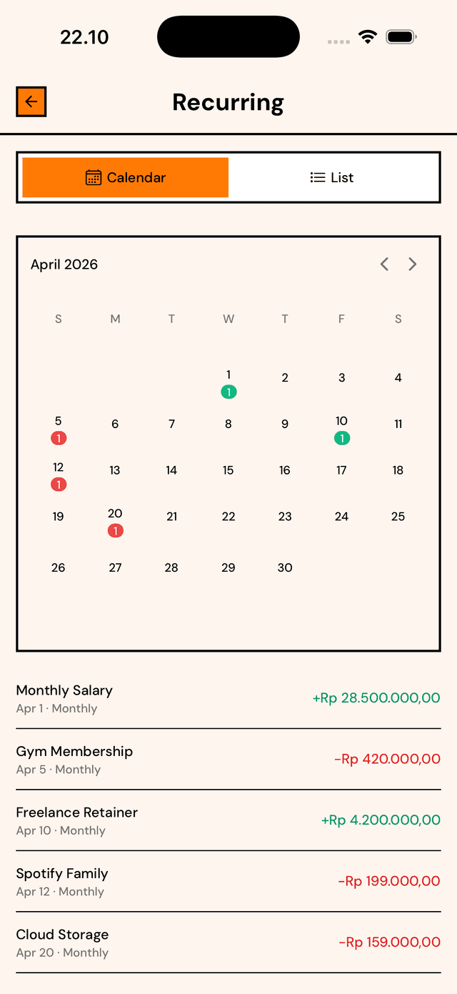 Recurring Payments screen
